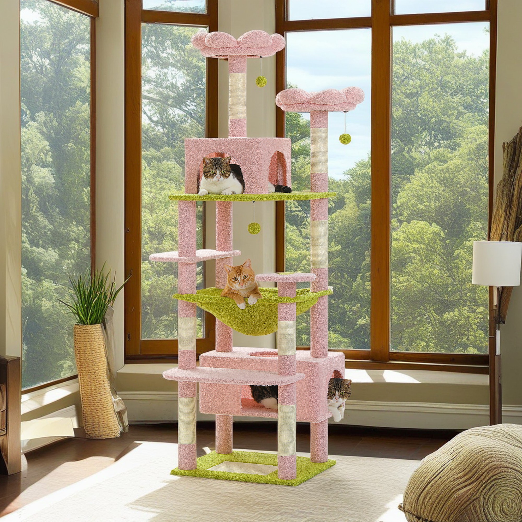 Pefilos 72" Large Cat Tree Tower with Sisal Scratching Post, Indoor Cat Condo for Big Cat Maine Coon, Pink