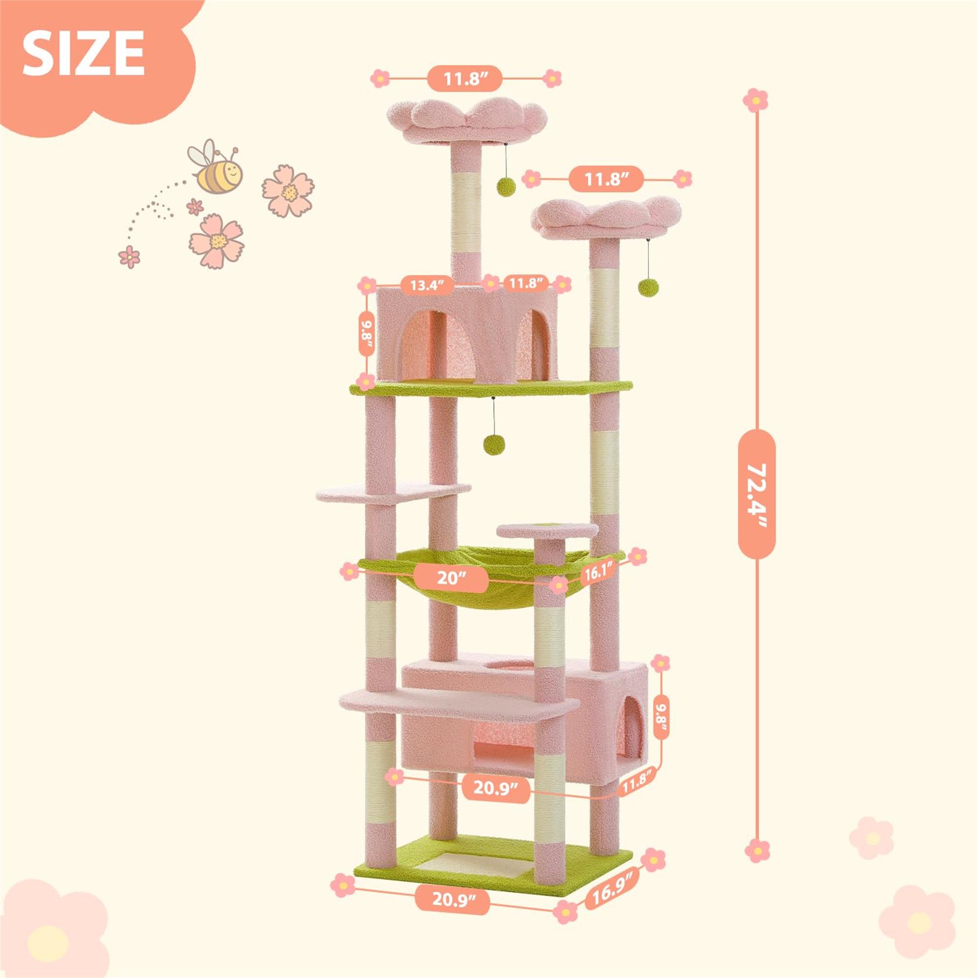 Pefilos 72" Large Cat Tree Tower with Sisal Scratching Post, Indoor Cat Condo for Big Cat Maine Coon, Pink