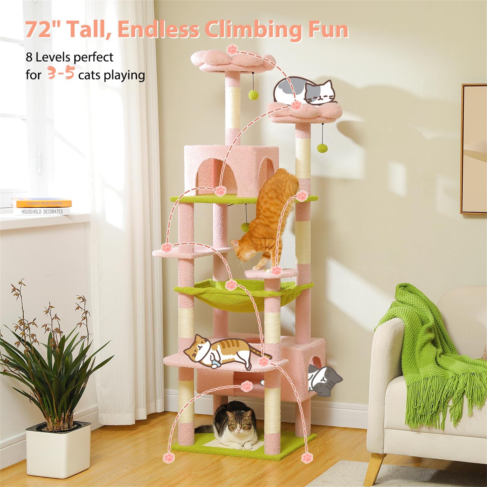 Pefilos 72" Large Cat Tree Tower with Sisal Scratching Post, Indoor Cat Condo for Big Cat Maine Coon, Pink
