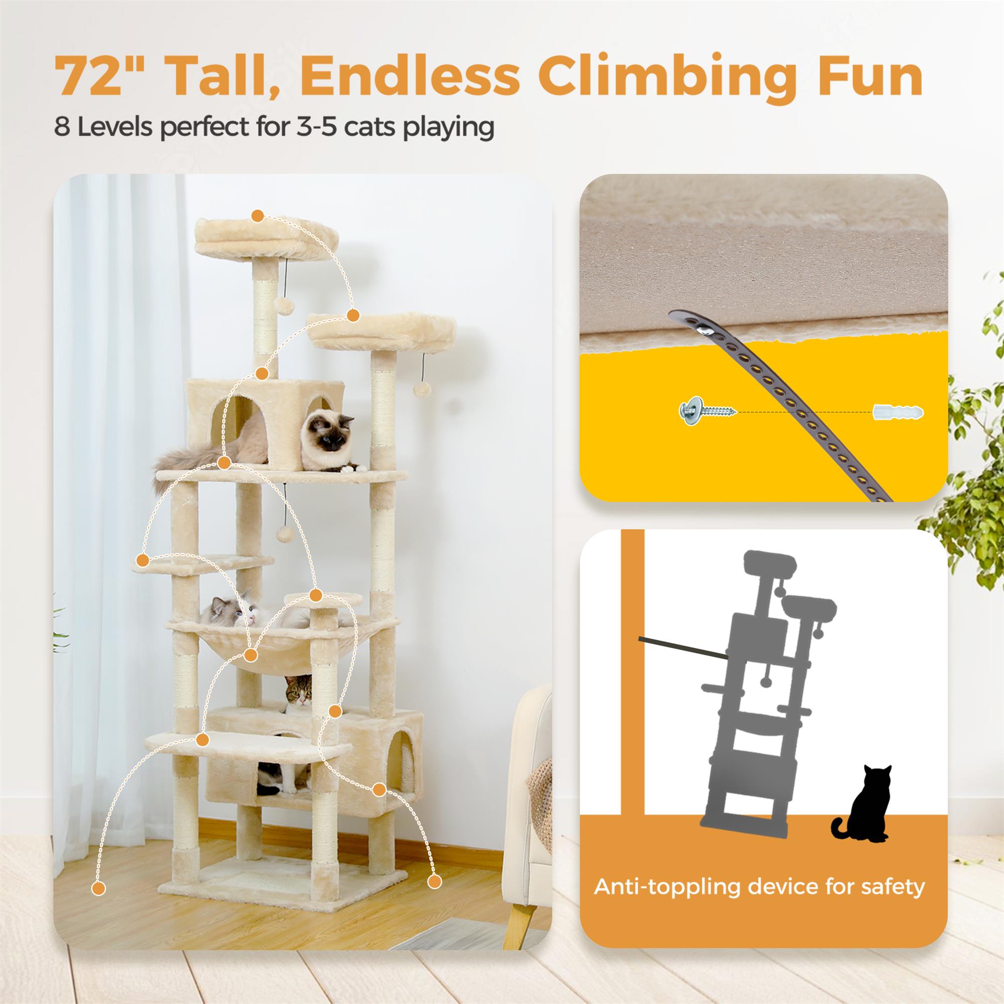 Pefilos 72" Large Cat Tree Tower with Sisal Scratching Post, Indoor Cat Condo for Big Cat Maine Coon, Beige