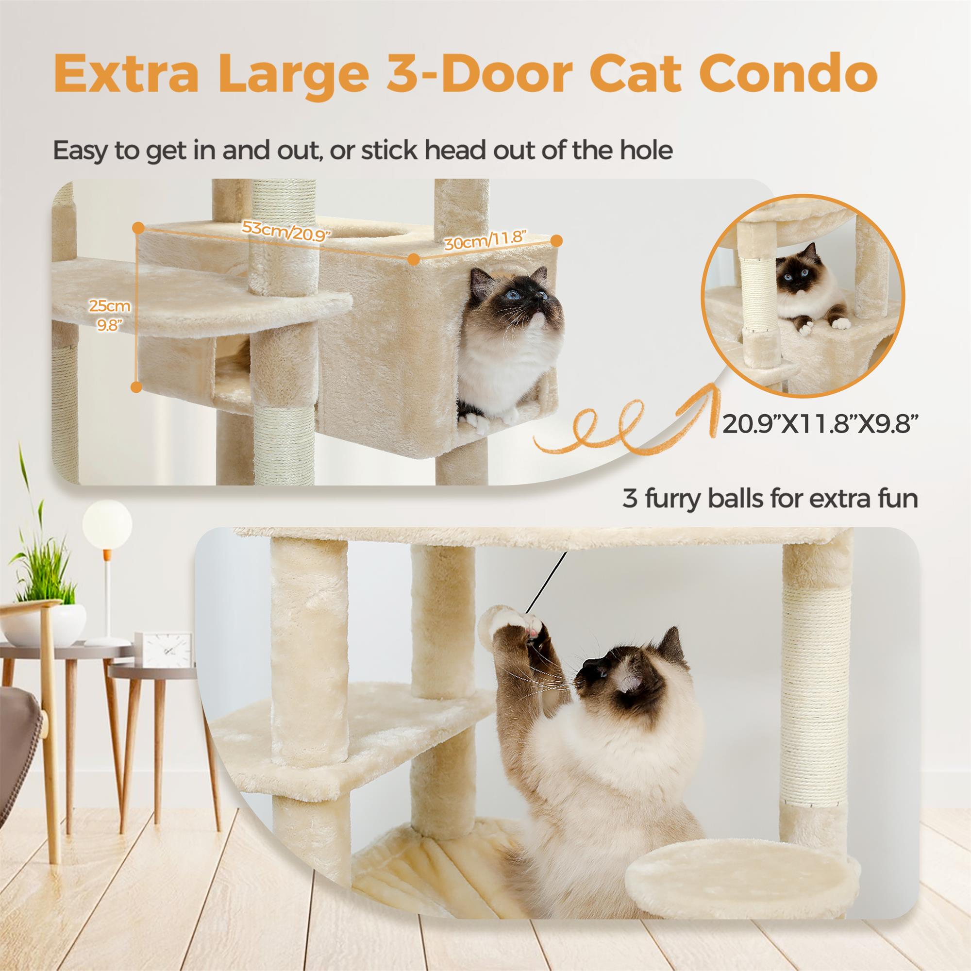 Pefilos 72" Large Cat Tree Tower with Sisal Scratching Post, Indoor Cat Condo for Big Cat Maine Coon, Beige