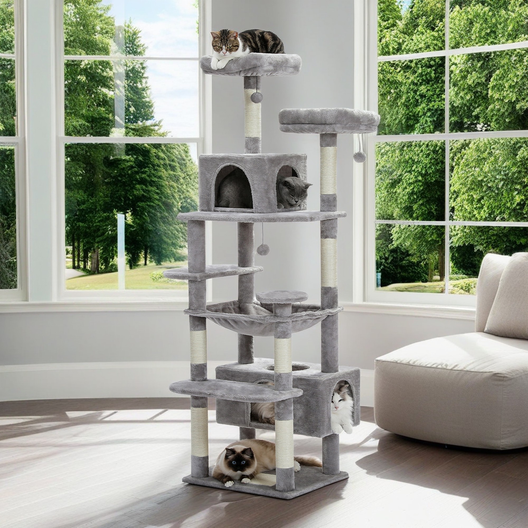 Pefilos 72" Large Cat Tree Tower with Sisal Scratching Post, Indoor Cat Condo for Big Cat Maine Coon, Gray