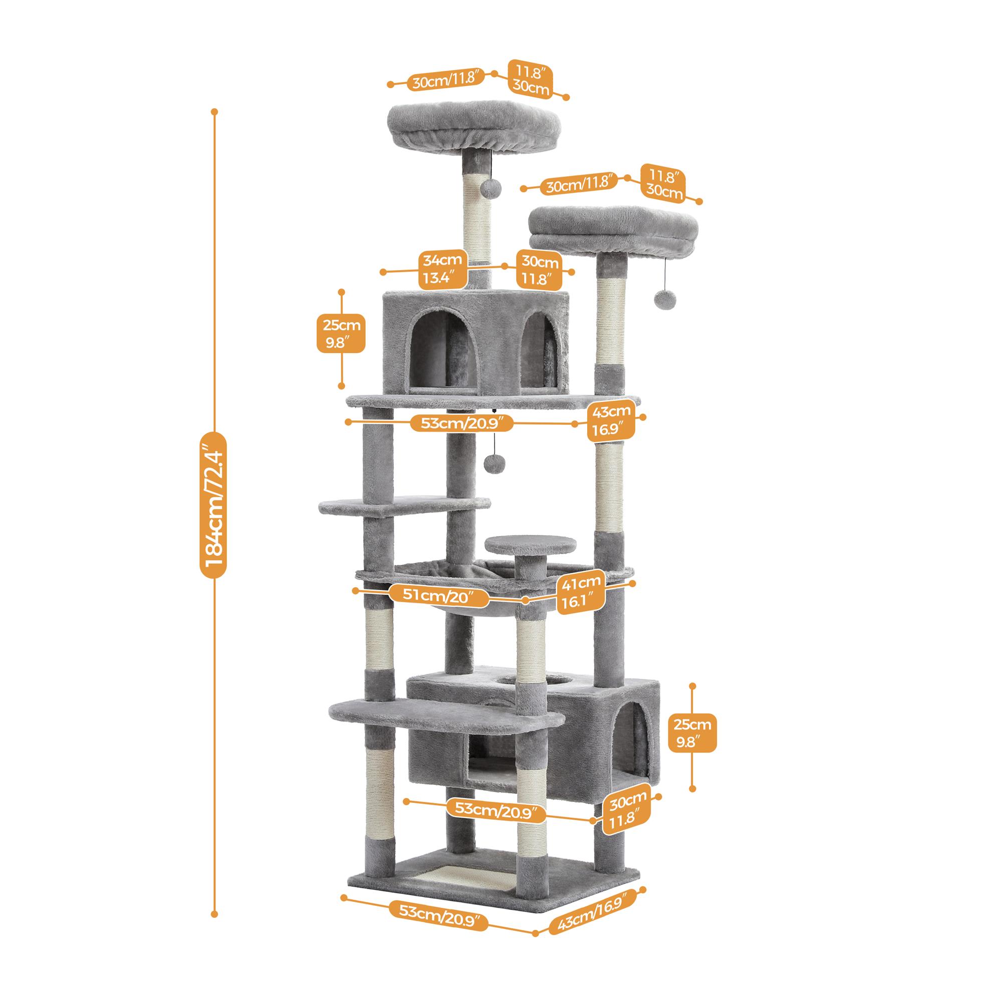 Pefilos 72" Large Cat Tree Tower with Sisal Scratching Post, Indoor Cat Condo for Big Cat Maine Coon, Gray