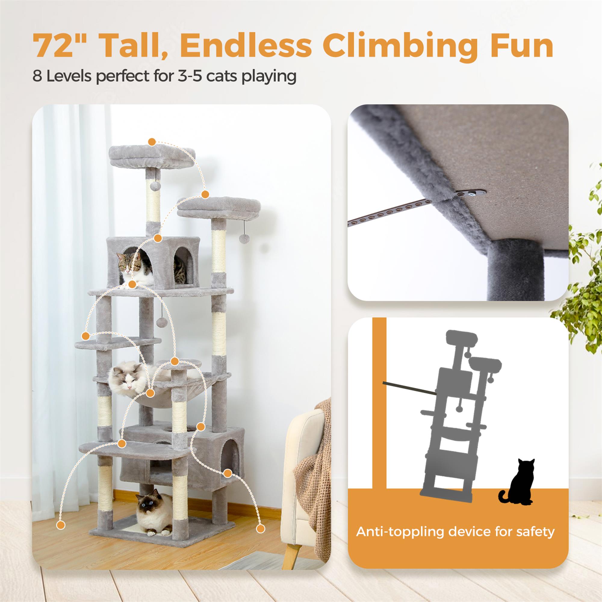 Pefilos 72" Large Cat Tree Tower with Sisal Scratching Post, Indoor Cat Condo for Big Cat Maine Coon, Gray