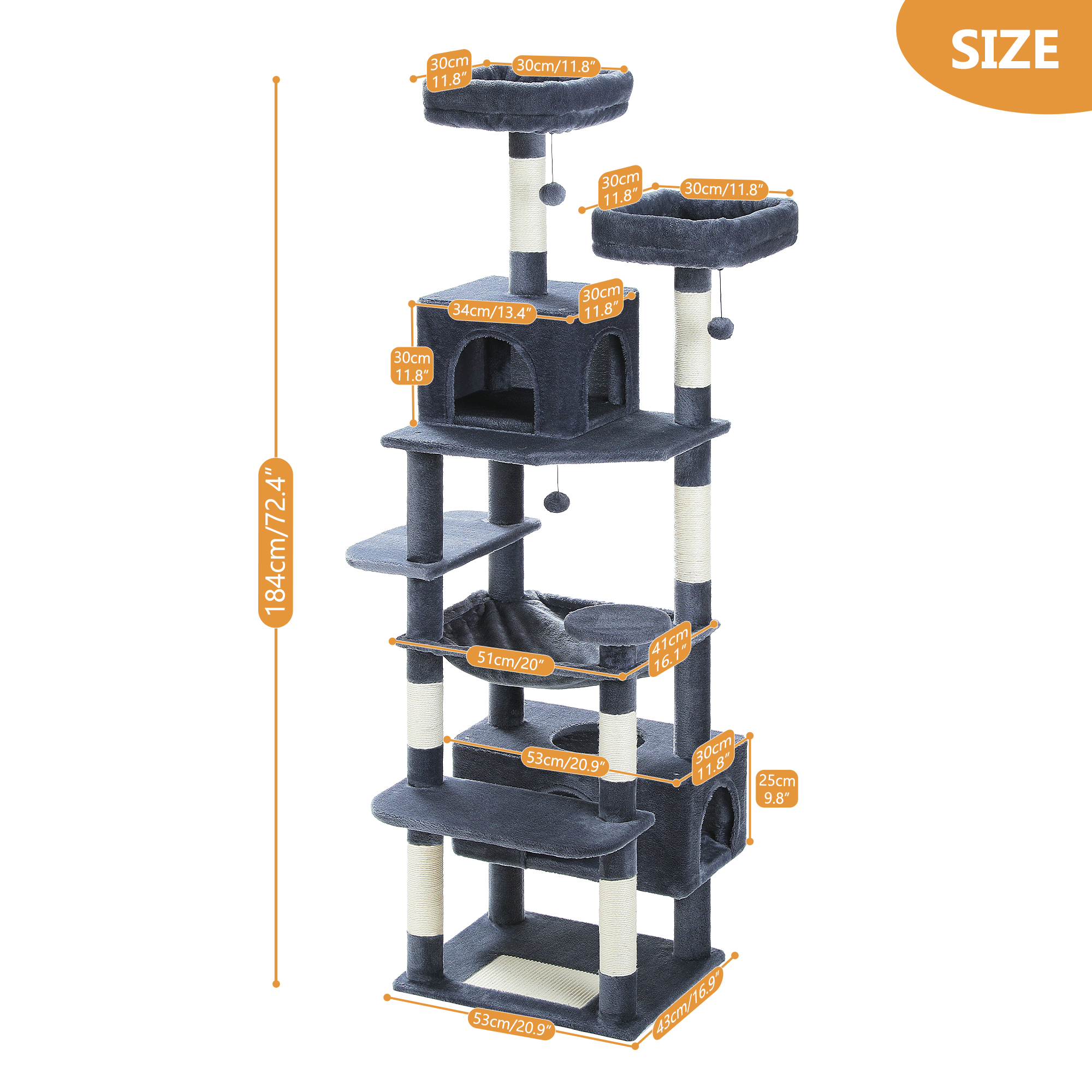 Pefilos 72" Large Cat Tree Tower with Sisal Scratching Post, Indoor Cat Condo for Big Cat Maine Coon, Dark Gray