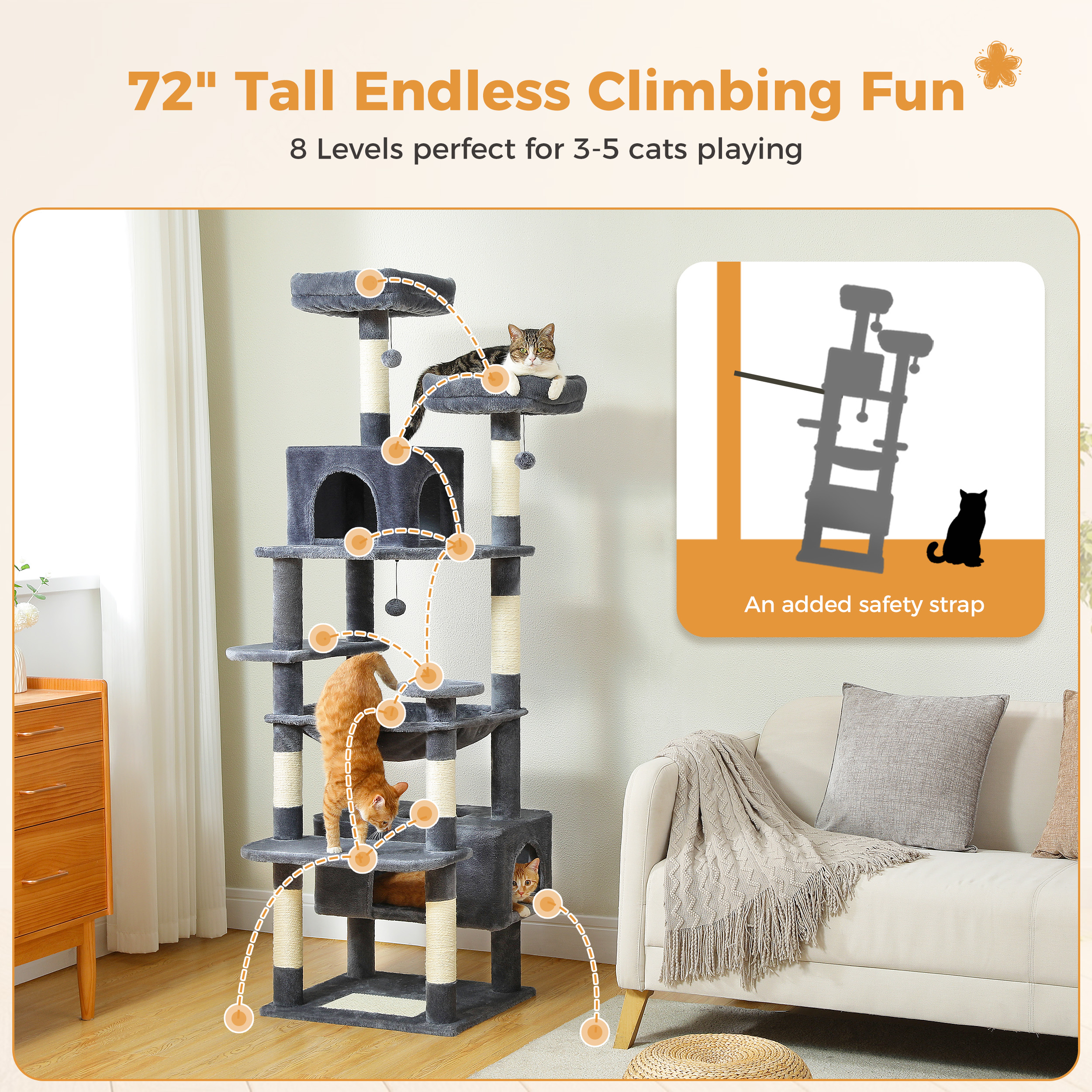 Pefilos 72" Large Cat Tree Tower with Sisal Scratching Post, Indoor Cat Condo for Big Cat Maine Coon, Dark Gray