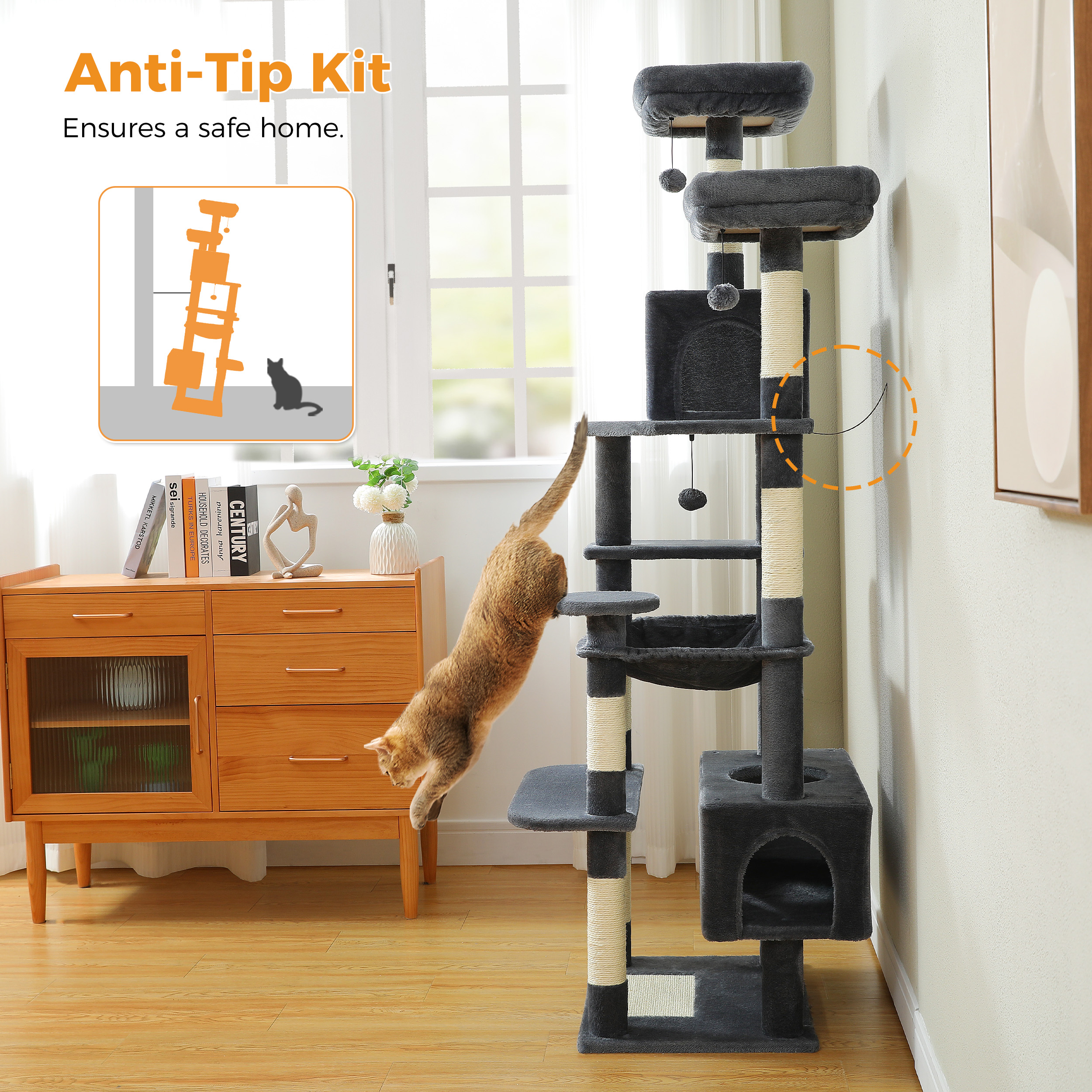 Pefilos 72" Large Cat Tree Tower with Sisal Scratching Post, Indoor Cat Condo for Big Cat Maine Coon, Dark Gray