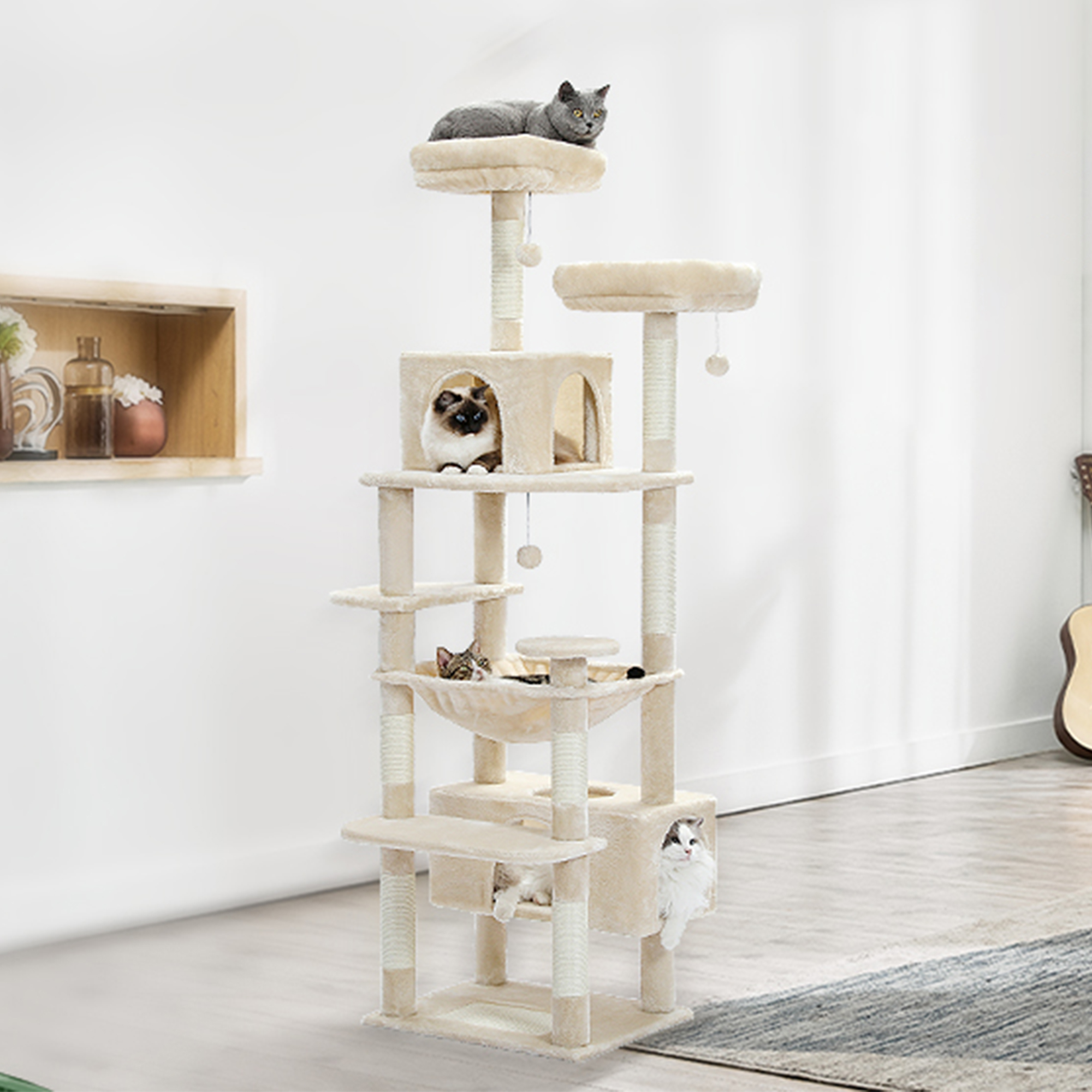 Pefilos 72" Large Cat Tree Tower with Sisal Scratching Post, Indoor Cat Condo for Big Cat Maine Coon, Beige