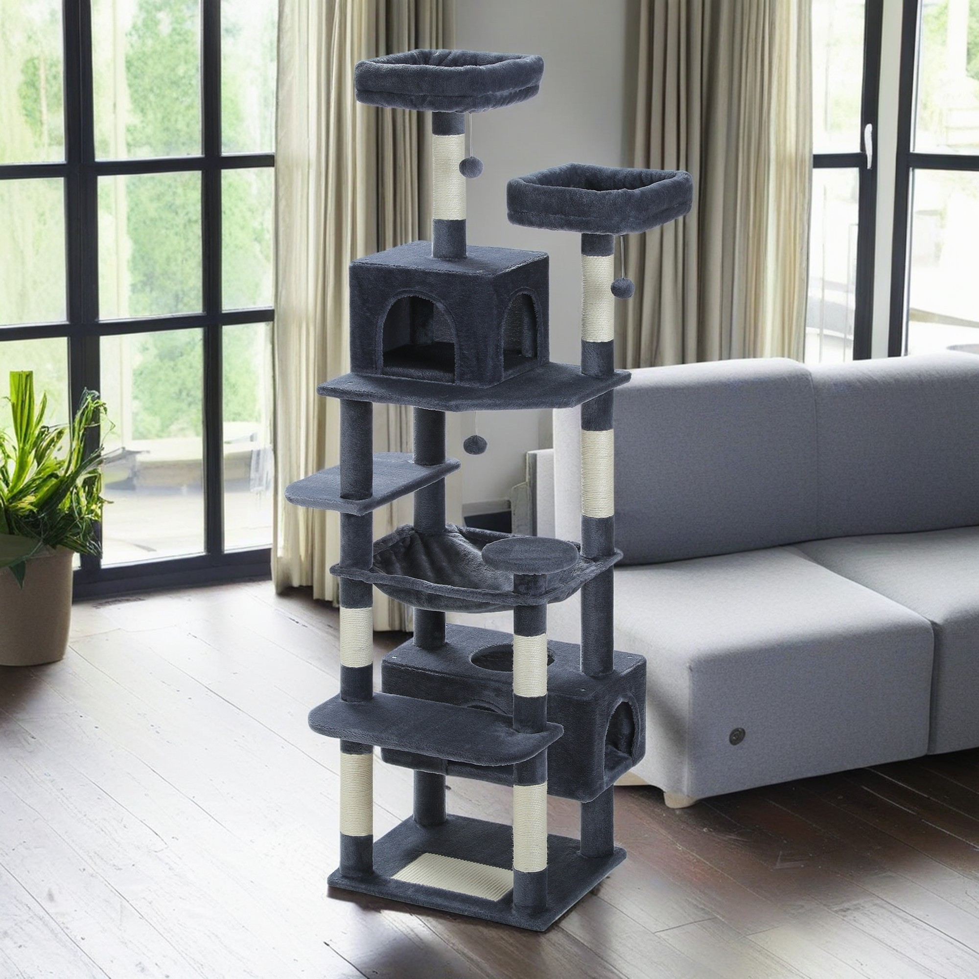 Pefilos 72" Large Cat Tree Tower with Sisal Scratching Post, Indoor Cat Condo for Big Cat Maine Coon, Dark Gray