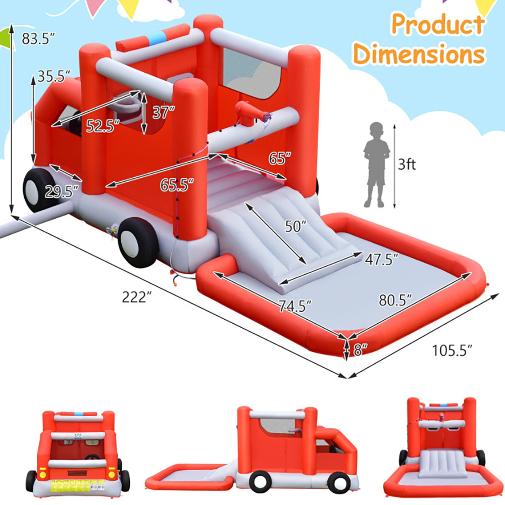 Aimee Lii Fire Truck Themed Inflatable Castle Water Park Kids Bounce House without Blower, Playhouse for Kids Outdoor