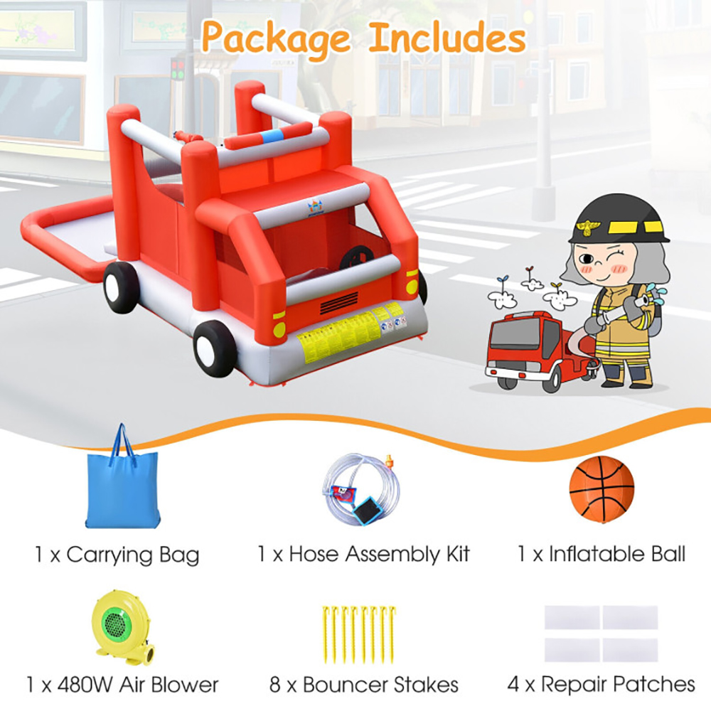 Aimee Lii Fire Truck Themed Inflatable Castle Water Park Kids Bounce House with 480W Blower, Playhouse for Kids Outdoor